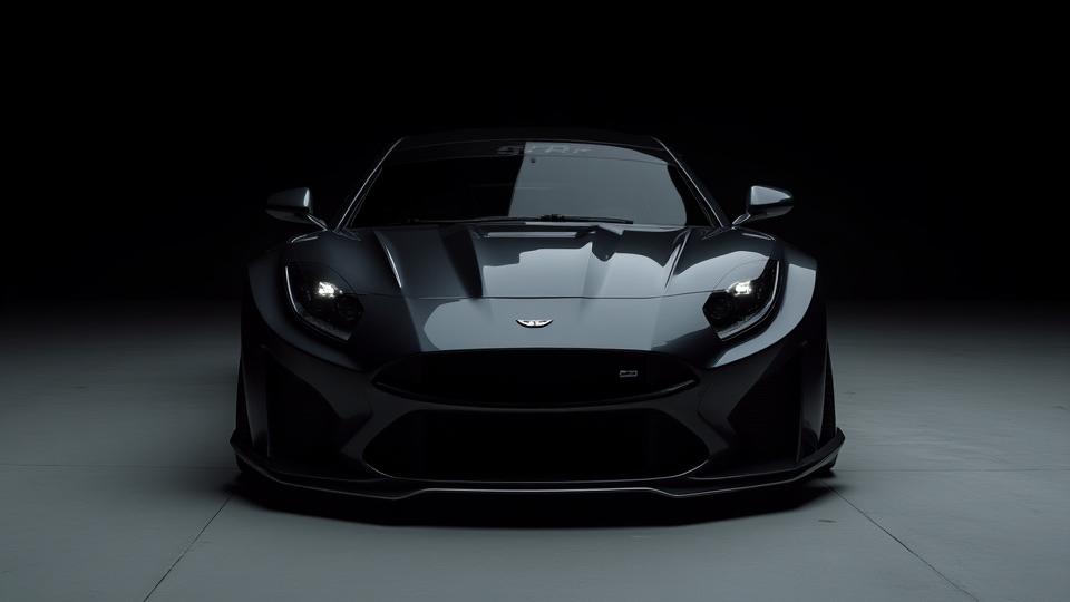 Isang sports car na may custom body kit at spoiler, naka-park sa isang studio