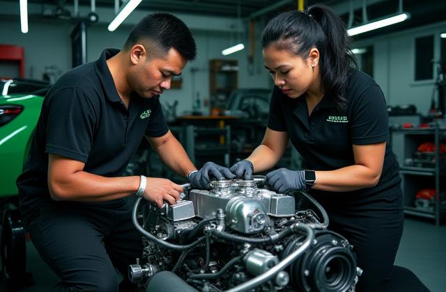 Luntian Lines team na nagtatrabaho sa isang mataas na performans na kotse sa isang malinis na garahe