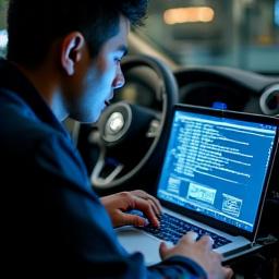 Si Kuya Berto, isang ECU specialist na nagtatrabaho sa isang laptop